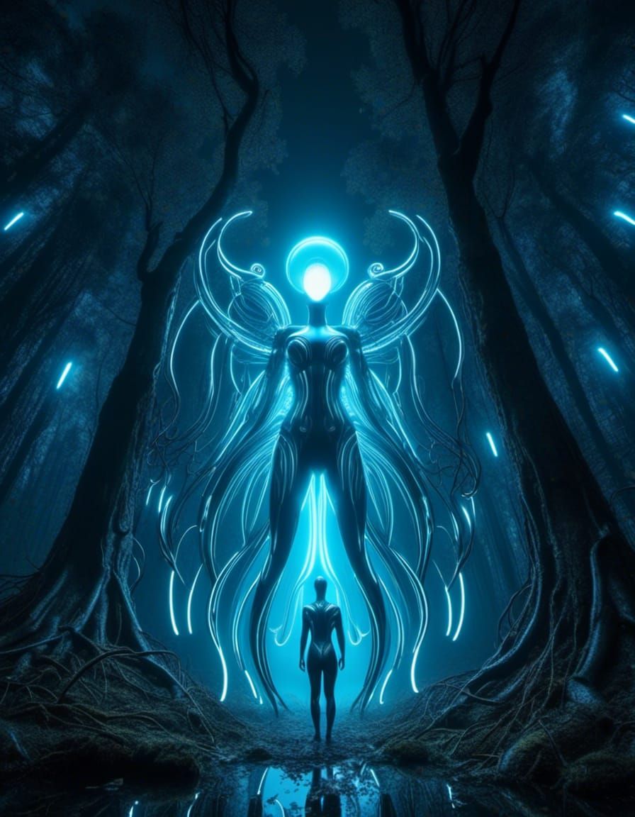 Surreal scenes featuring a dark figure or otherworldly creat...