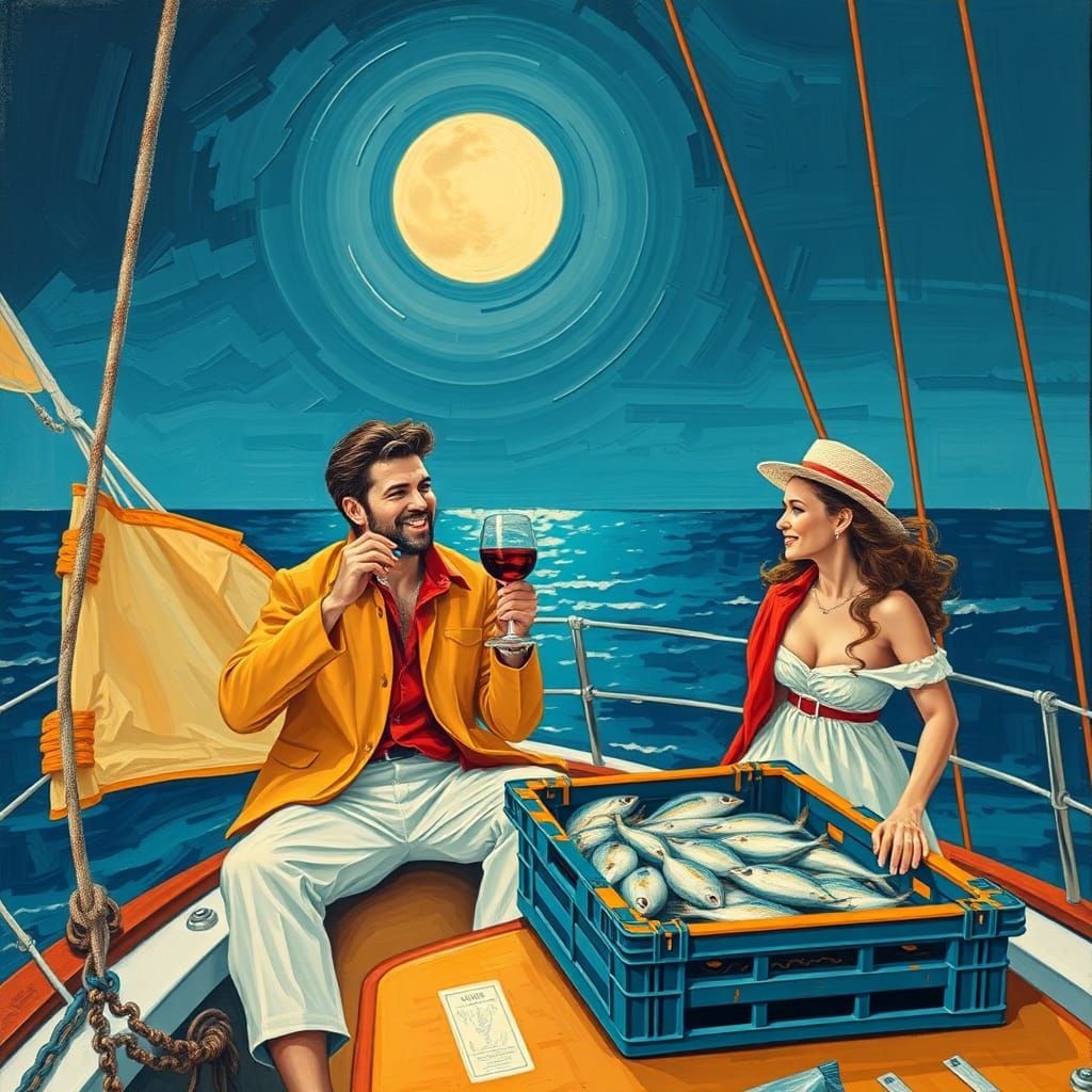 Moonlit Sail: A Seascape in Impasto Style