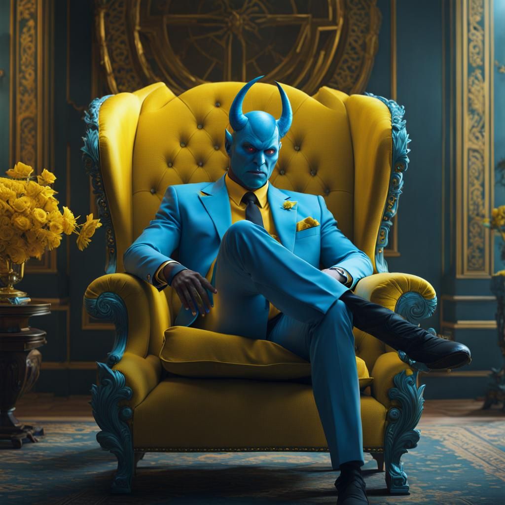 Blue Demon in Armchair: Detailed Fantasy Art