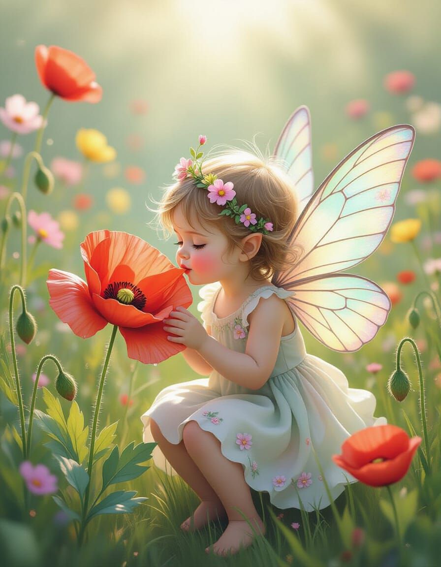 Baby Fairy Sipping Nectar in Whimsical Garden