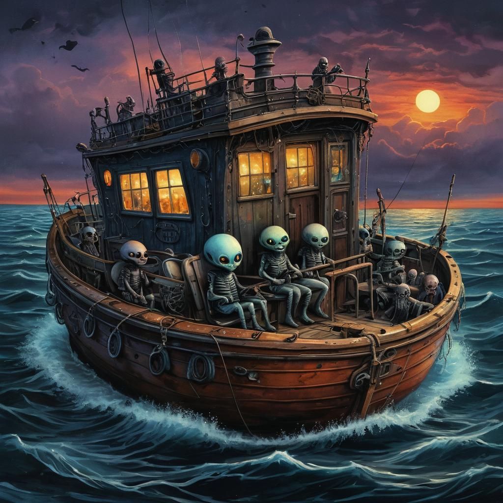 Watercolor Aliens in Lifeboat at Sunset