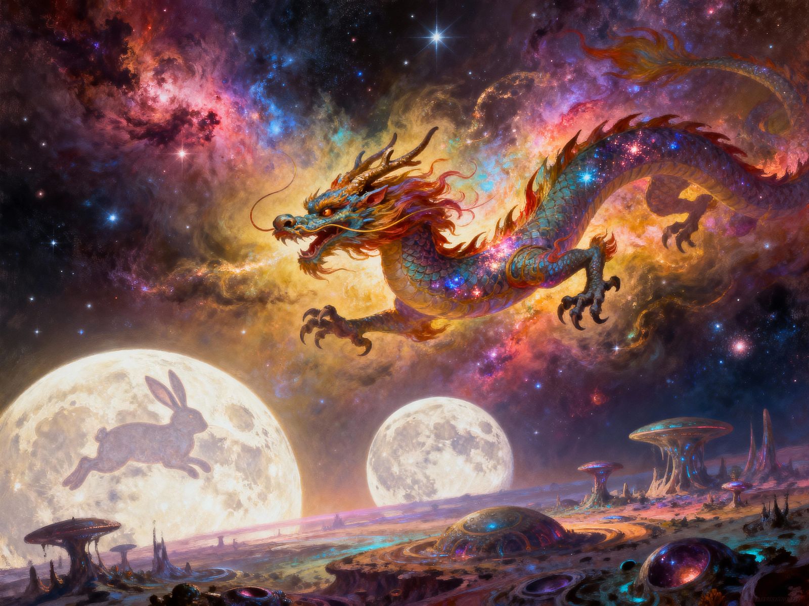 Majestic Celestial Dragon Soaring Through Nebula