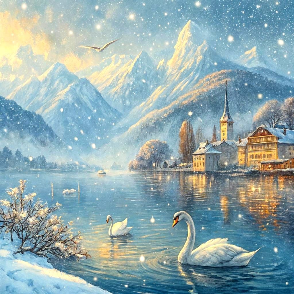 Lake Lucerne Swans in Impressionist Watercolor