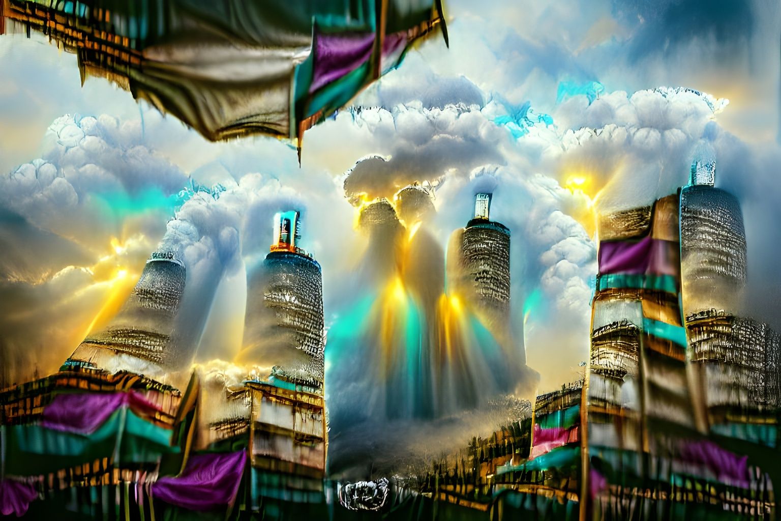Twin Towers in Clouds: Volumetric Lighting Photoillustration