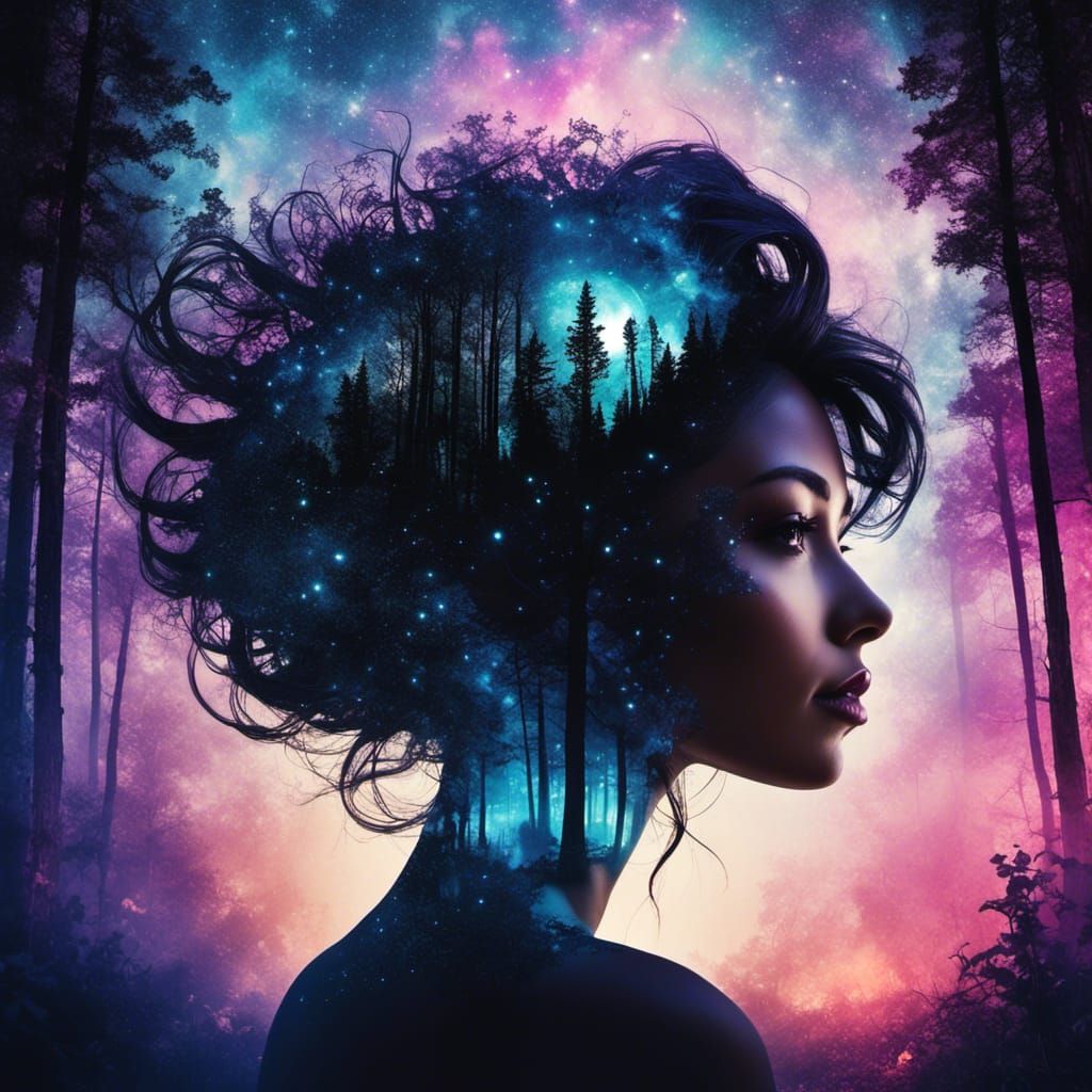 Ethereal Double Exposure: Woman with Woodlands Hair