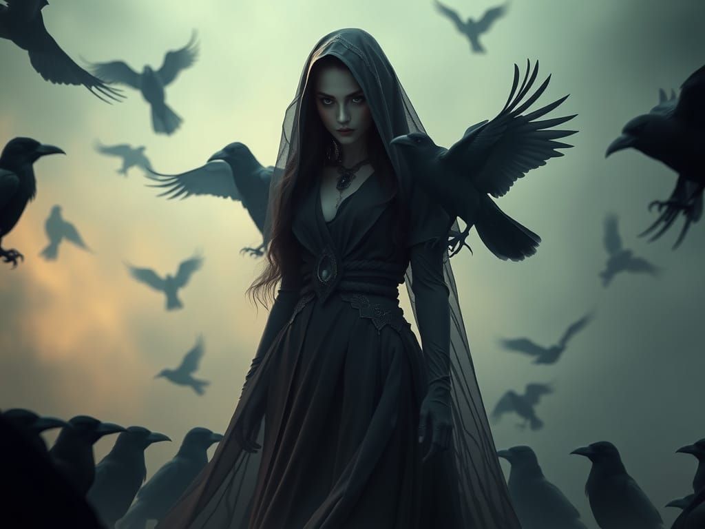 Mysterious Woman with Crows in Dark Fantasy Style