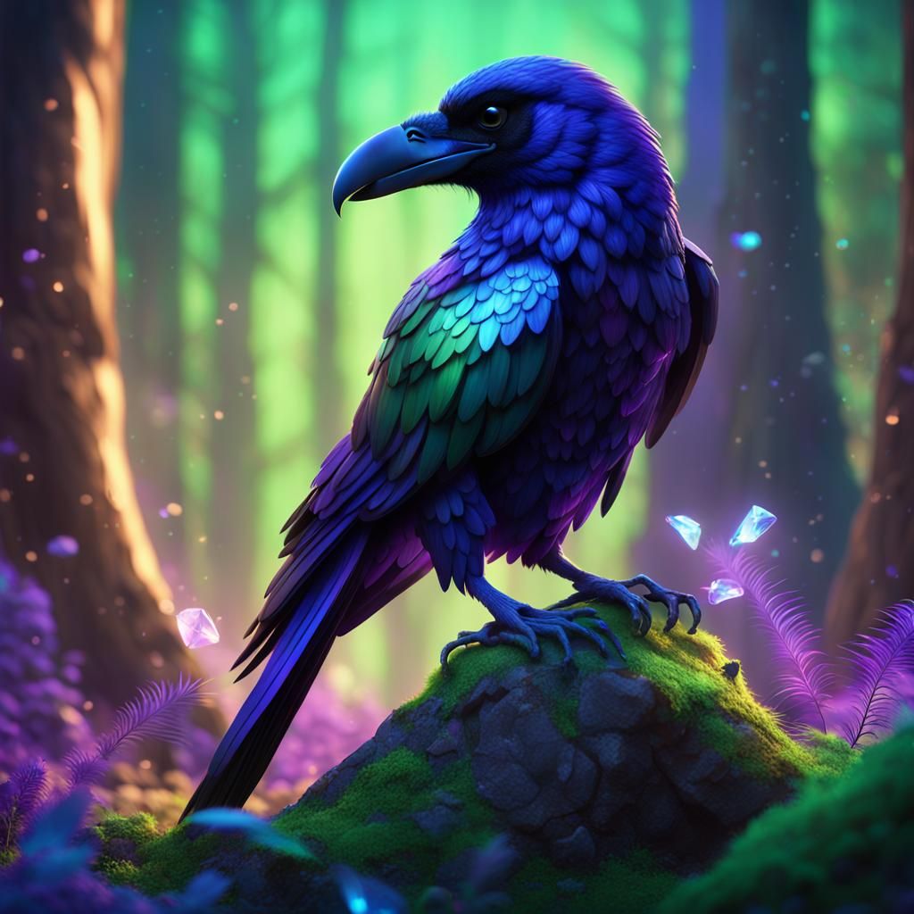 Iridescent Raven on Crystal Skull: 3D Digital Art