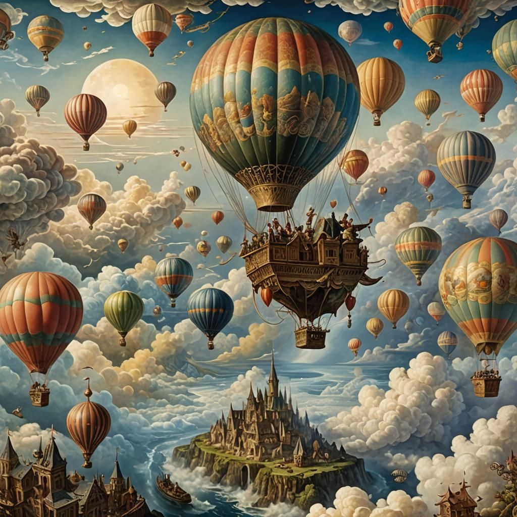Hot Air Balloon Over Clouds in Chromolithography Style