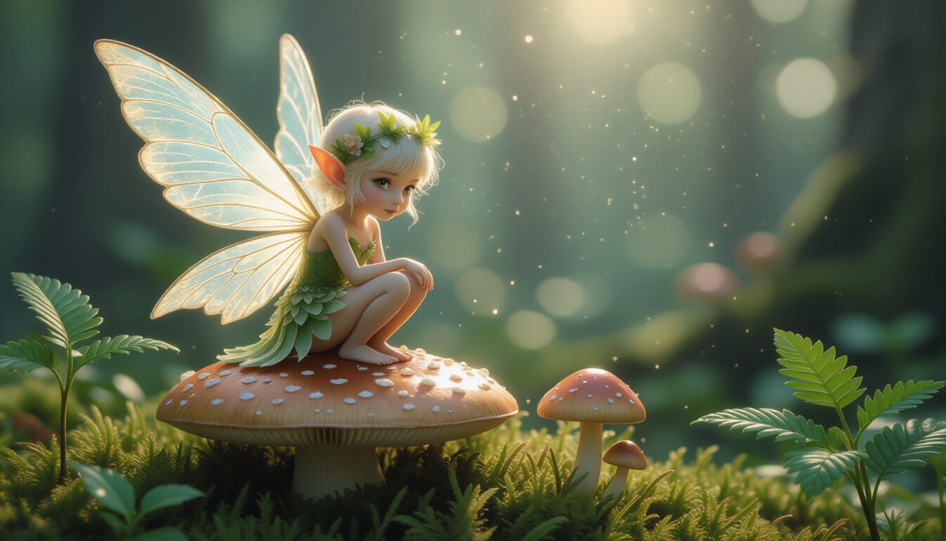 Mushroom Fairy with Fern Wings in Soft Cinematic Light