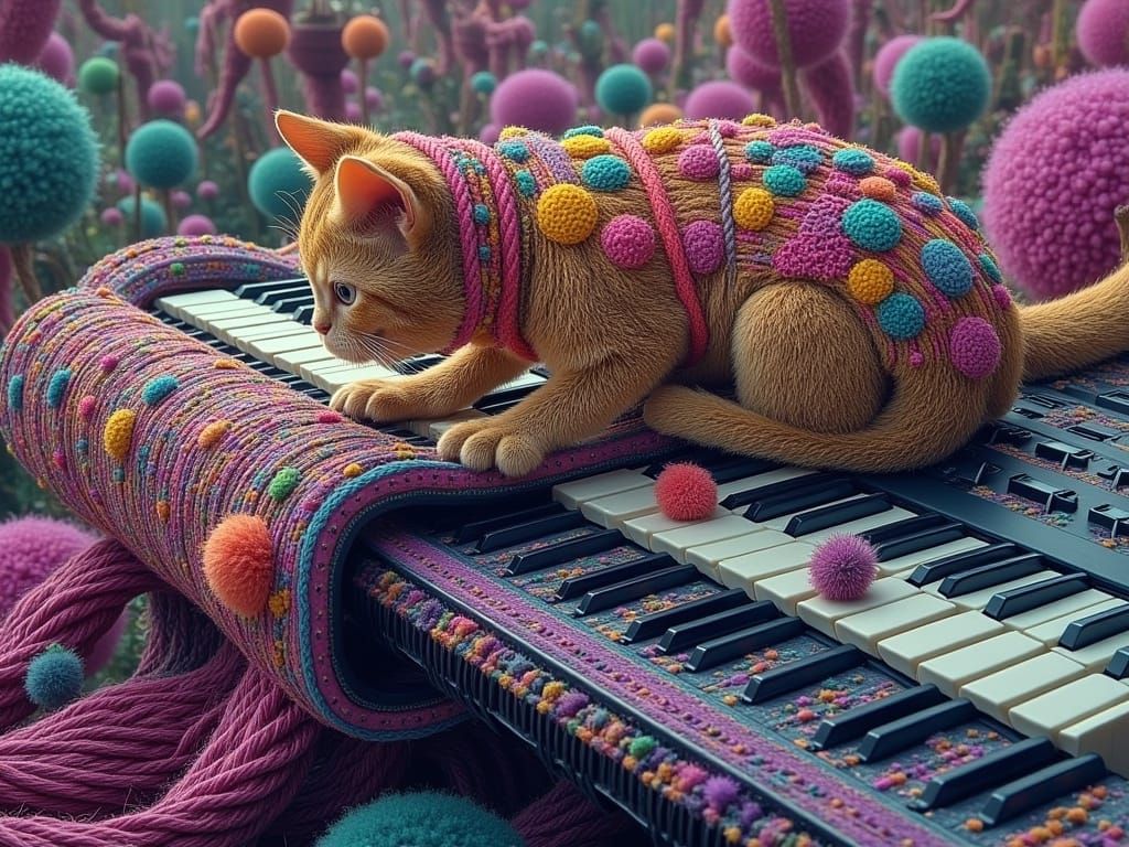 Psychedelic Cat on Moog Synthesizer, Trippy Art