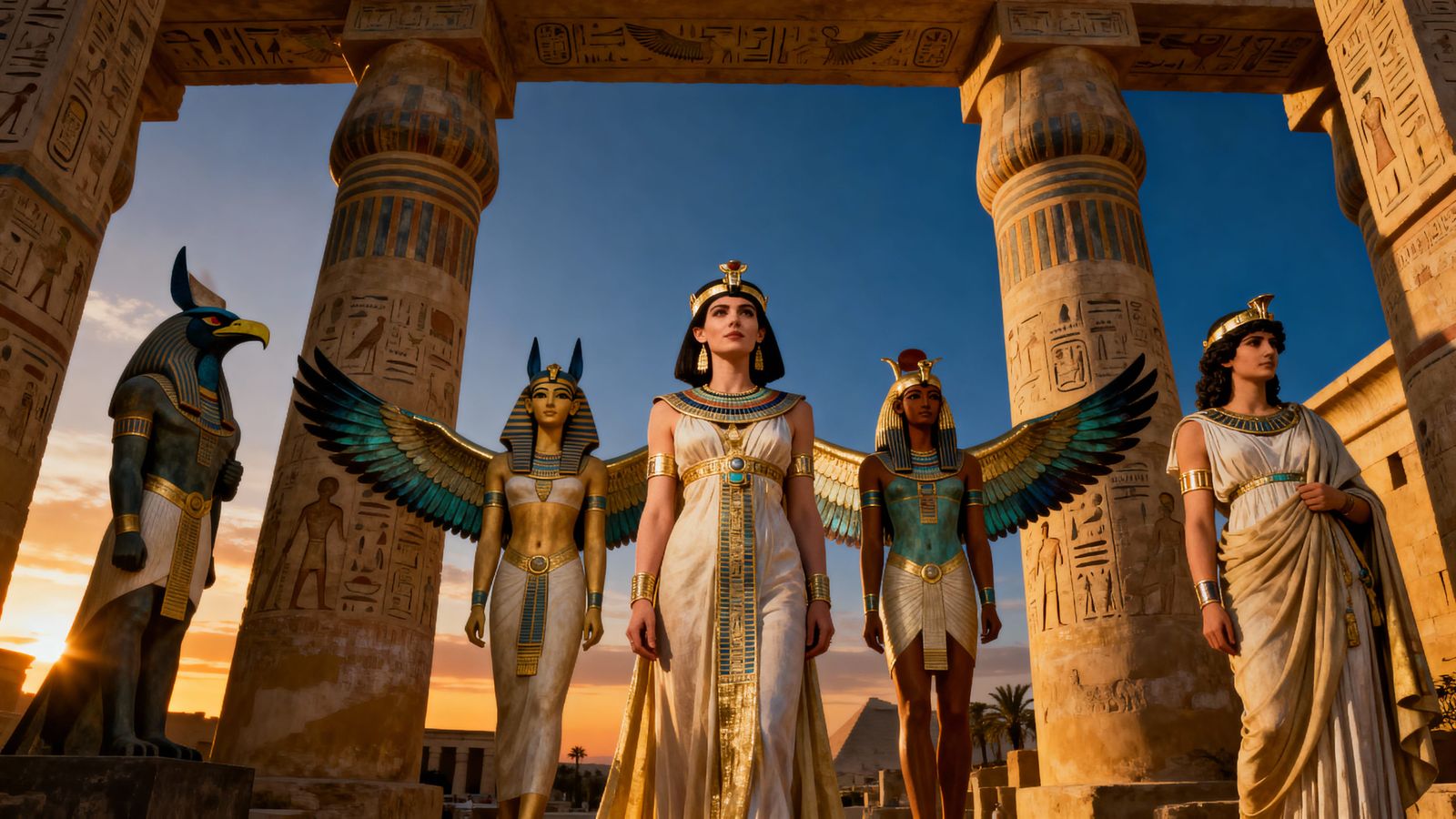 Cleopatra Regal Beside Isis Amidst Classical Grandeur