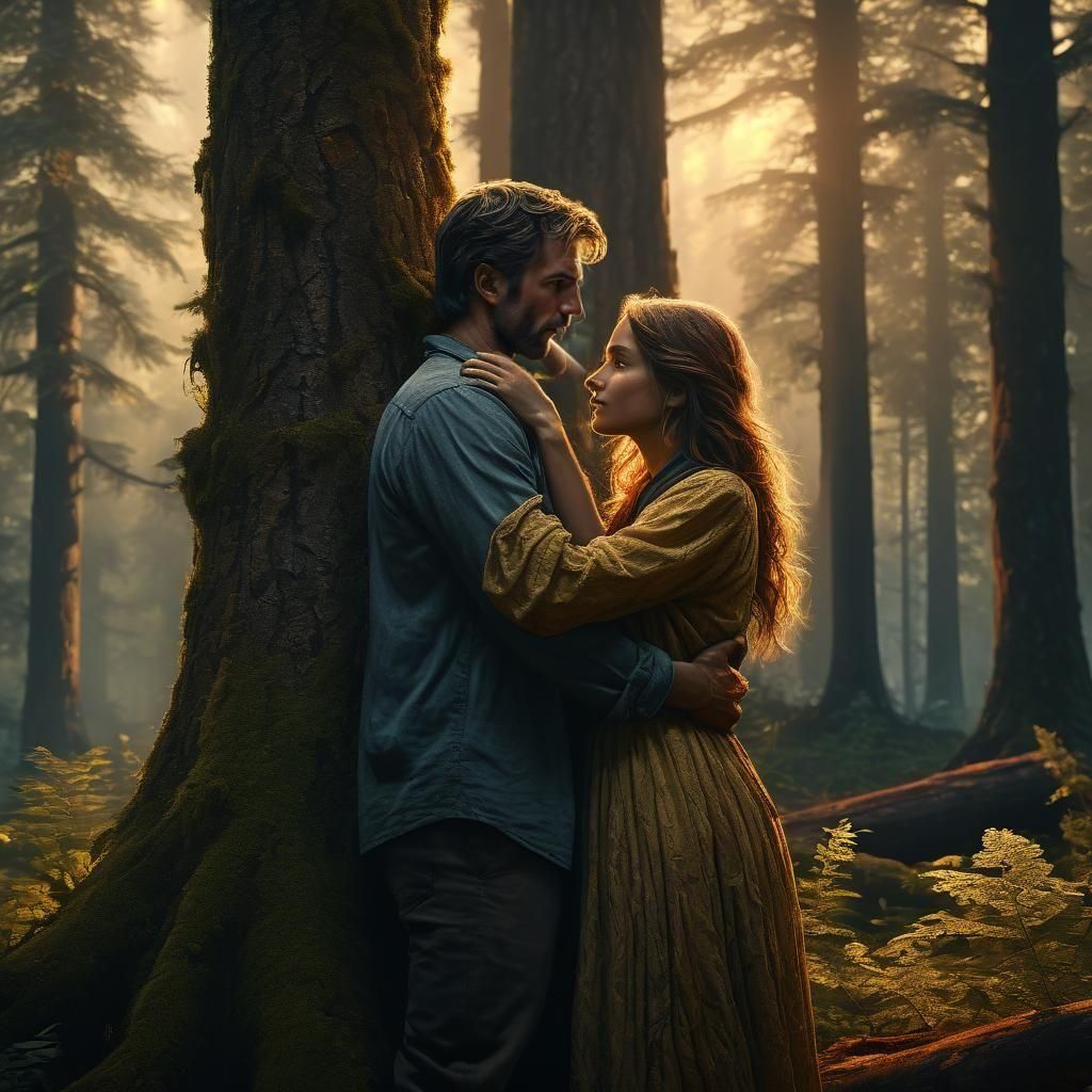 "A highly detailed and photorealistic image of a 6'4" tall male and 5'7" female couple in a romantic embrace. The tall m...