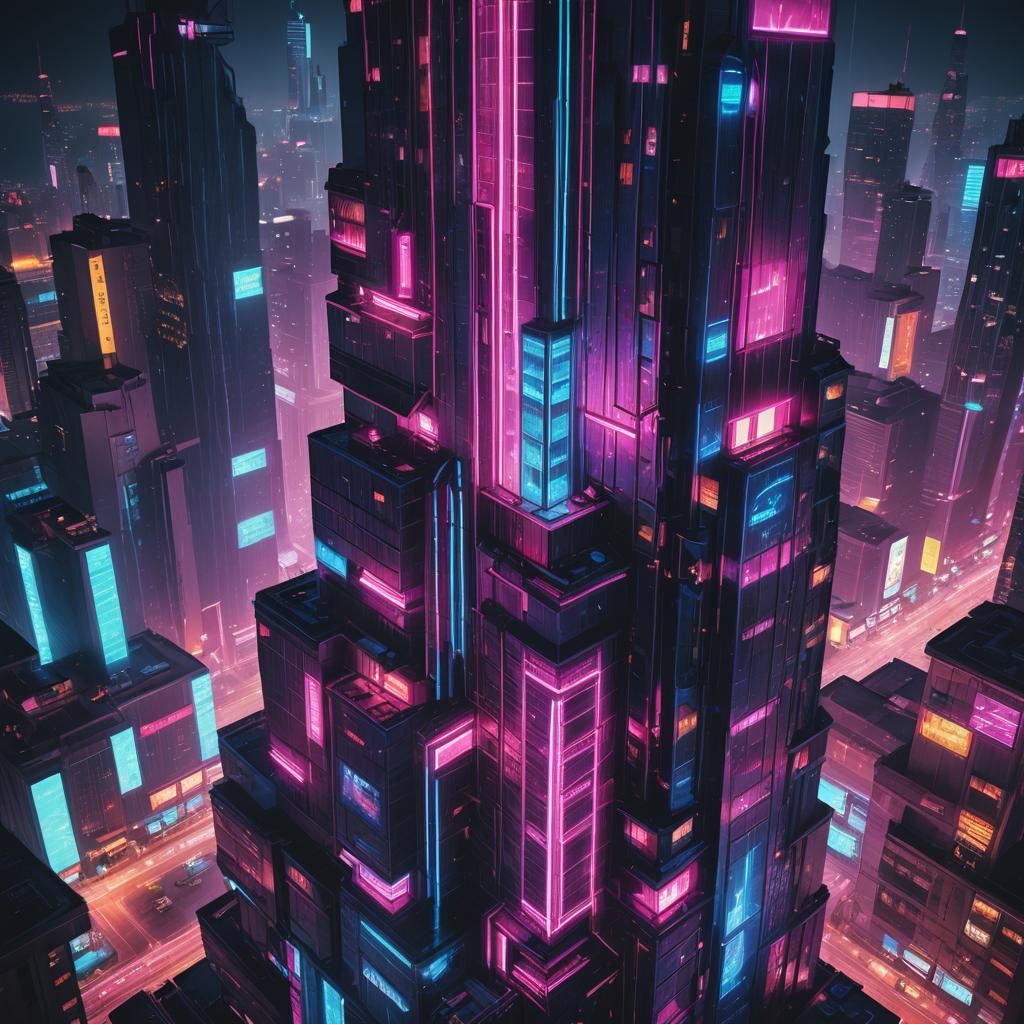 Synthwave Skyscraper in Neon Cityscape