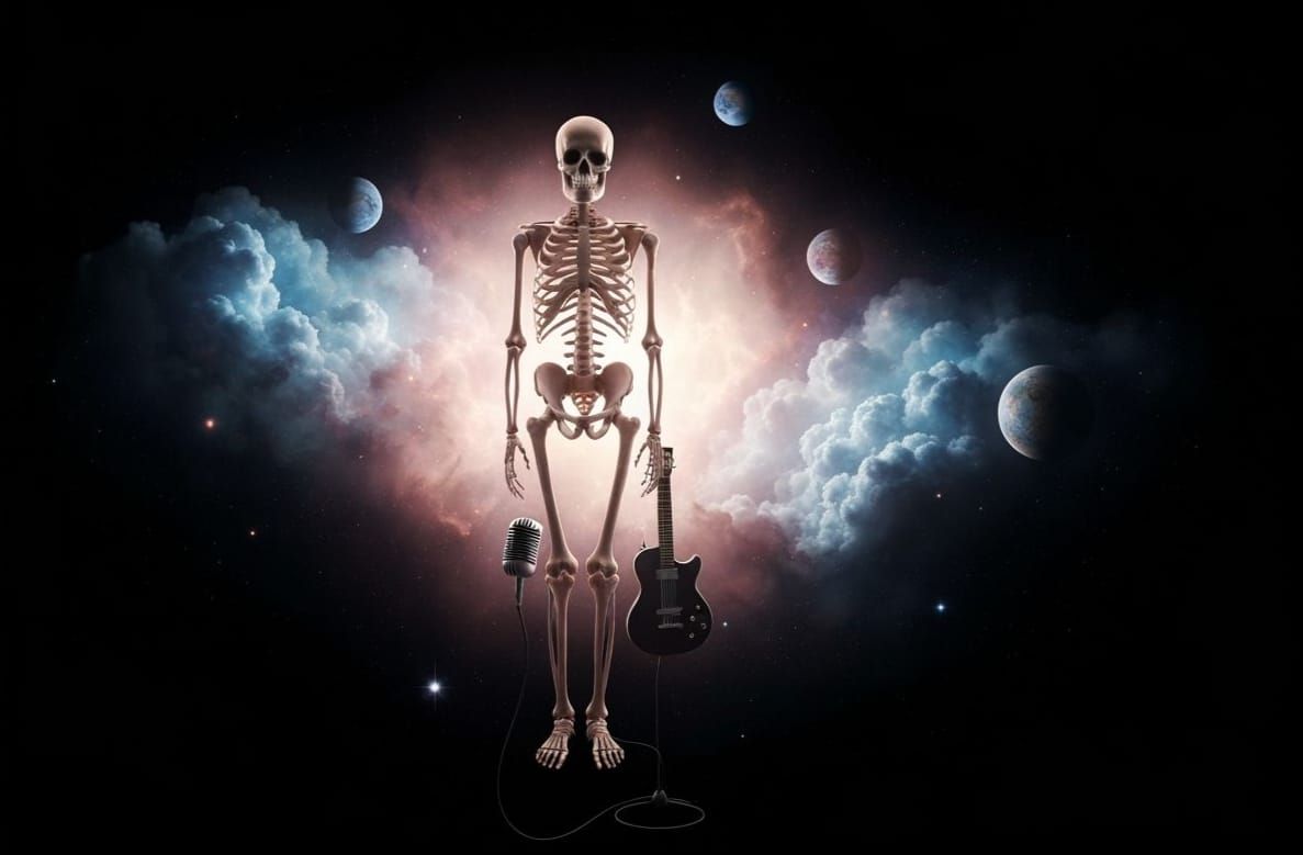 Skeleton Floats in Galaxy with Fedora, Surreal Art