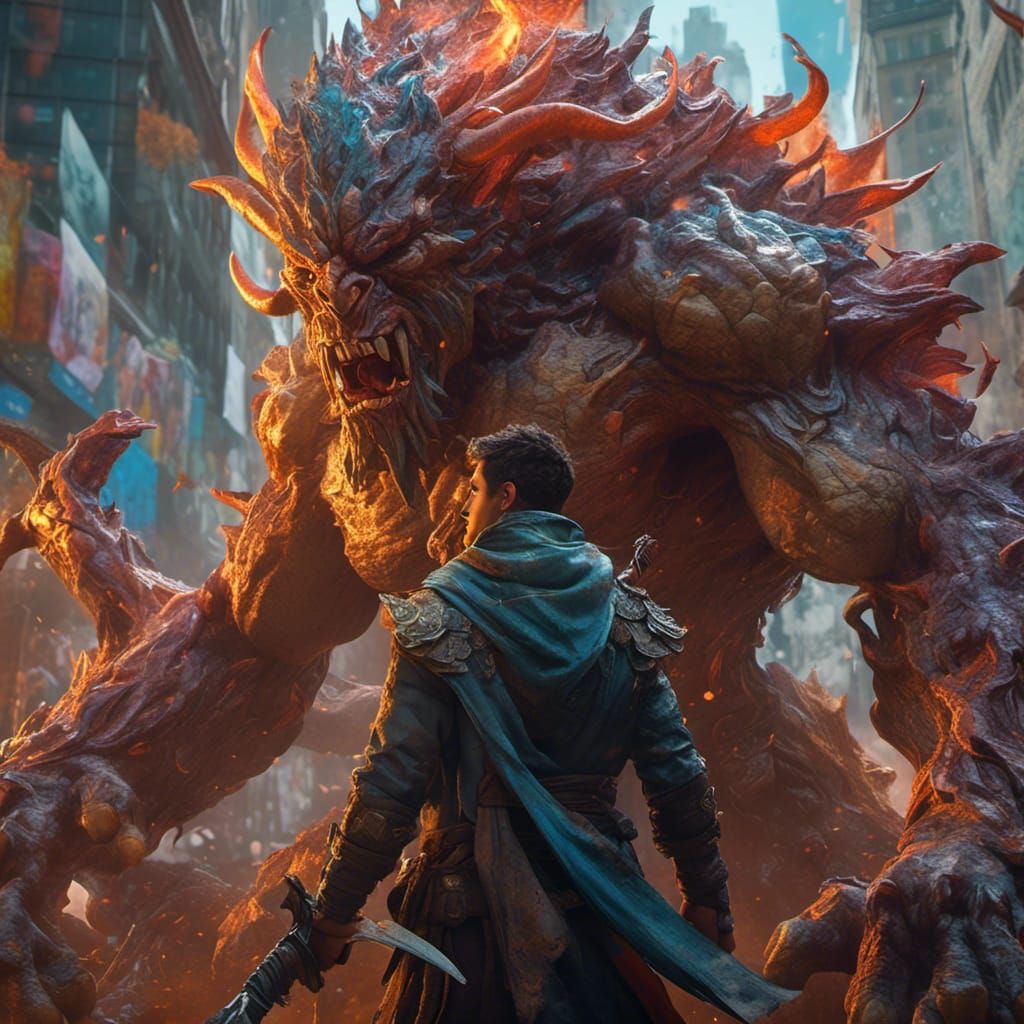 Warrior Faces Monster in Hyperreal Graffiti Art