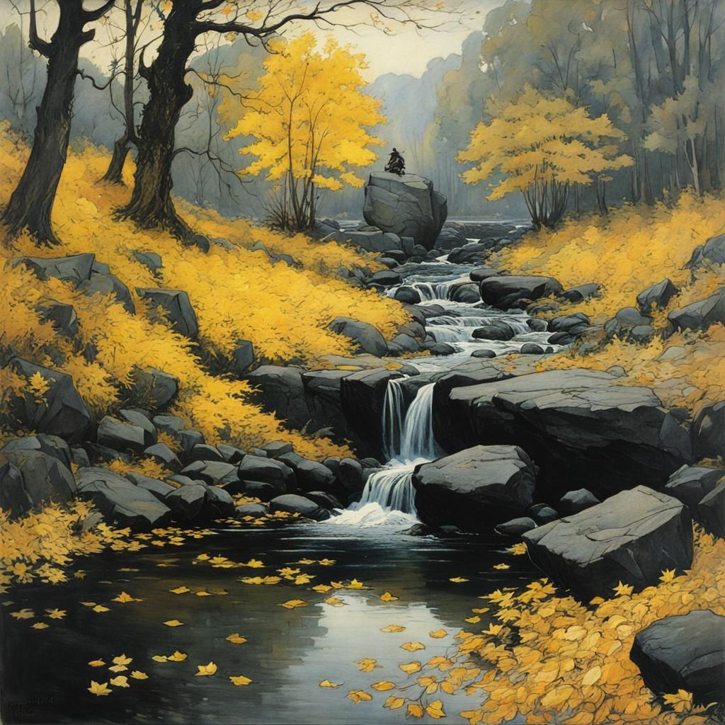 Autumnal Waterscape in Arthur Rackham Style