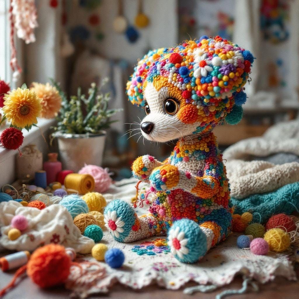 Colorful Yarn Puppy in Cozy Sewing Room
