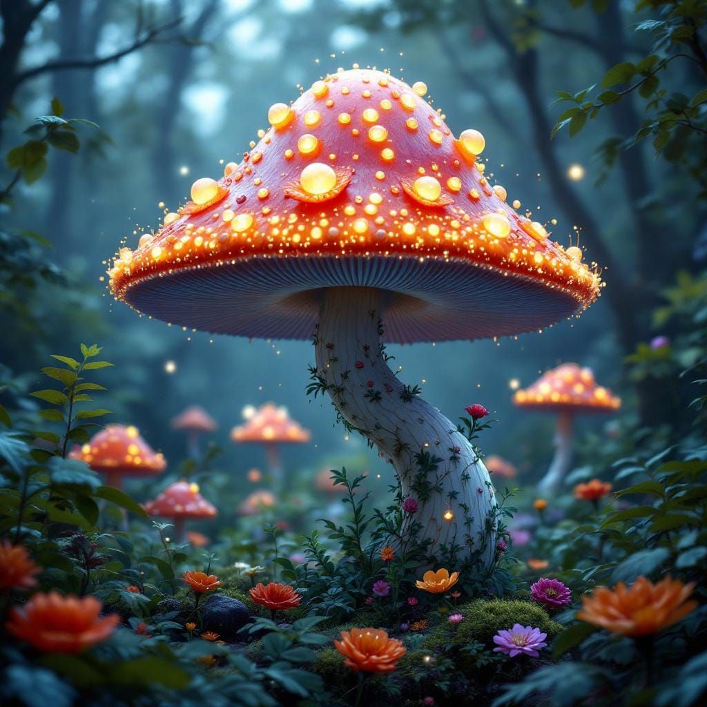 Glowing Magic Mushroom in Lush Forest