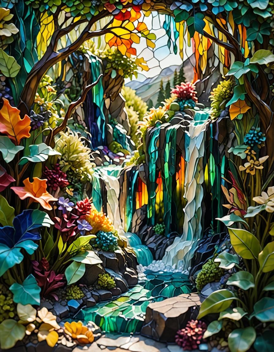 Vibrant Glass Waterfall Sculpture in Impressionist Style
