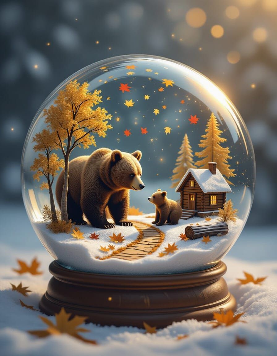 Autumn Bear Cub in Cracked Snow Globe