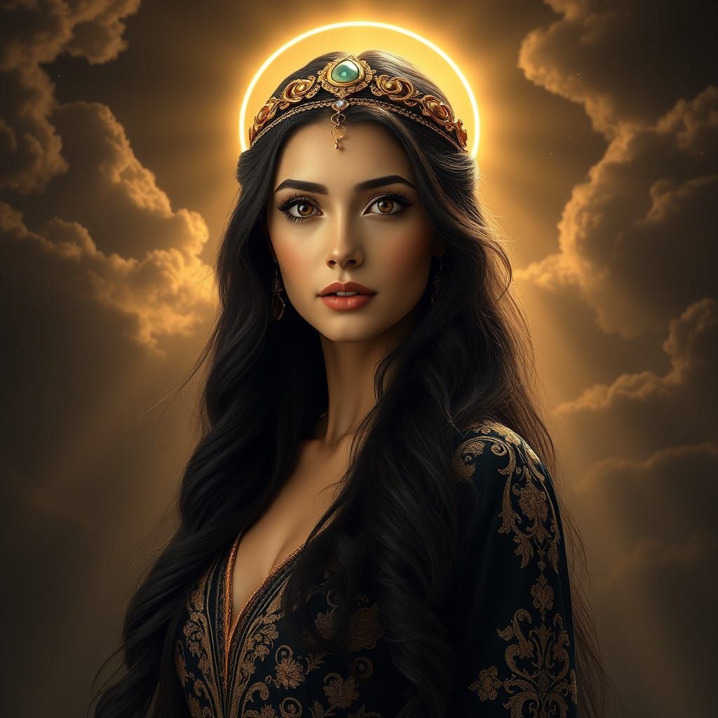 Regal Middle Eastern Goddess with Golden Circlet and Dark Ha...