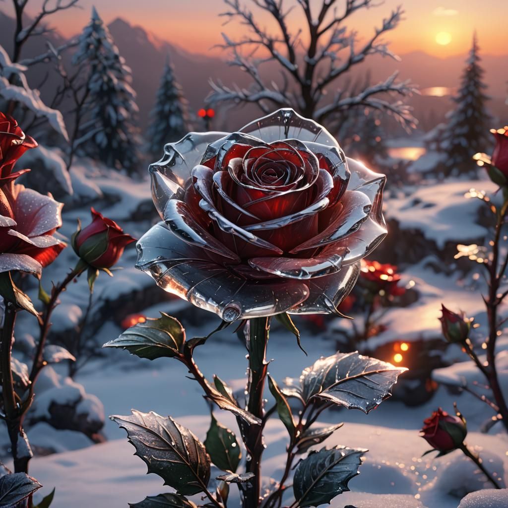 Icy Red Glass Rose at Sunset