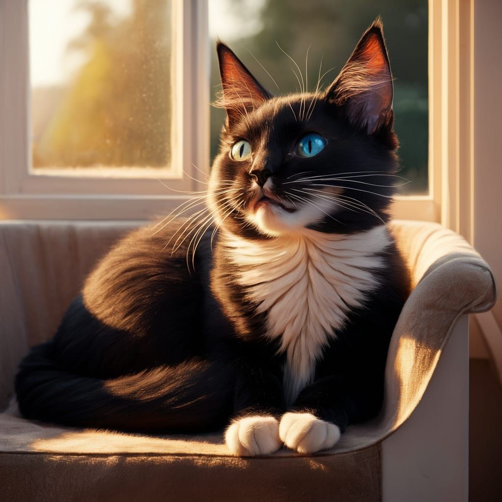 Heterochromatic Cat Enjoying Sunlight Window Seat