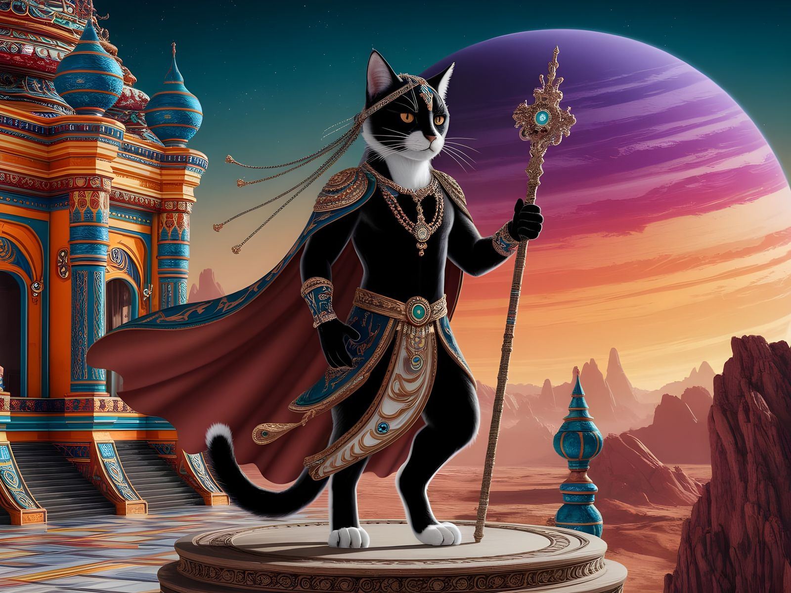 Anthropomorphic Cat Priest on Ornate Stone Platform