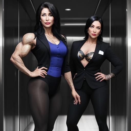 Female Bodybuilders Kissing in Skyscraper Elevator