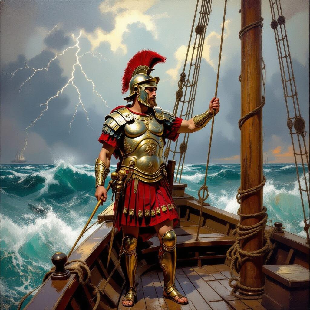 Ulysses on a Ship During Storm, in Romantic Style