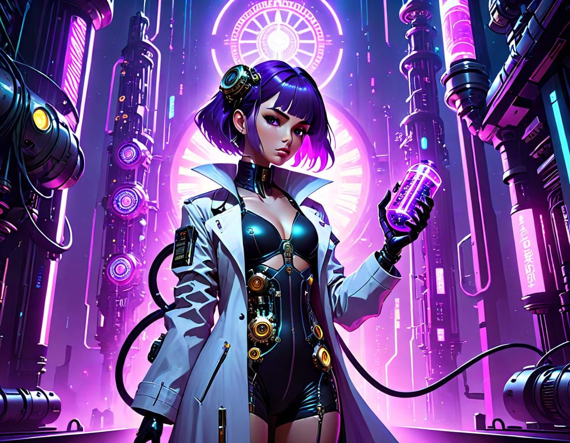 Cyberpunk Steampunk Scientist in Neon Cityscape