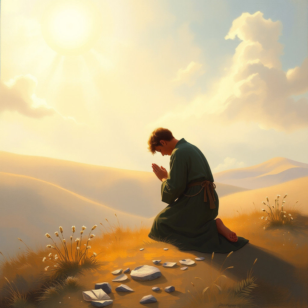 Contemplative Figure in Prayer: Serene Landscape
