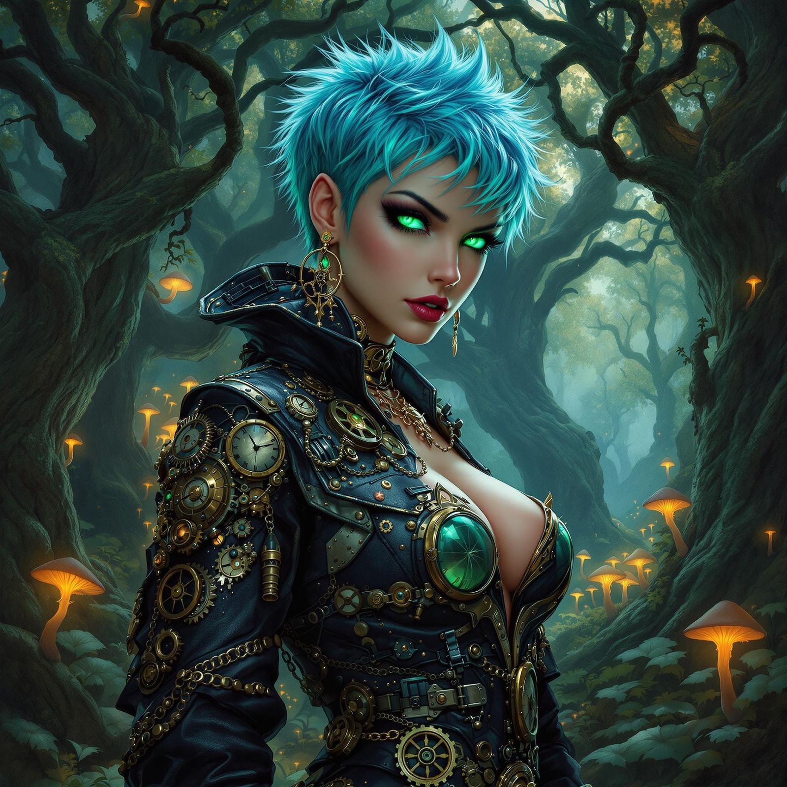 Dieselpunk Enchantress in Overgrown Forest, Art Nouveau Styl...