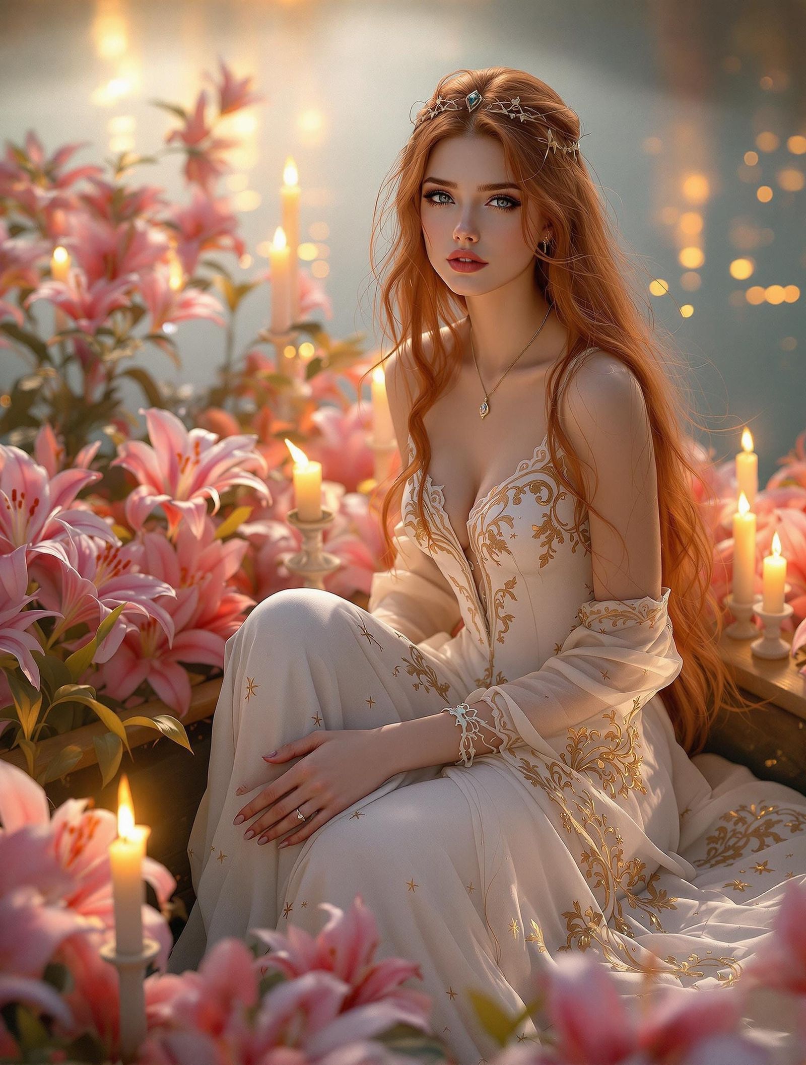 Lady of Shalott on Candlelit Lake: Hyperdetailed Art