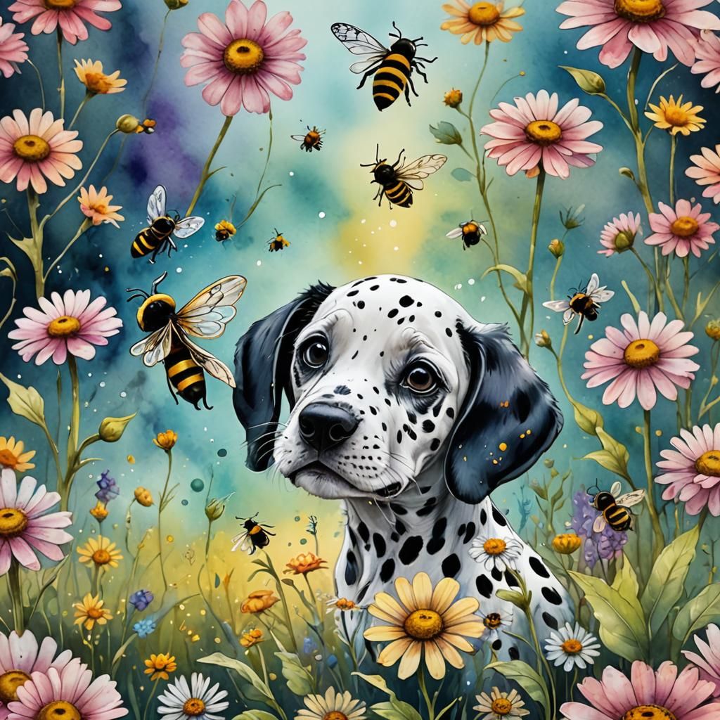 Whimsical, fantasy, watercolour, alcohol inks, a cute Dalmat...