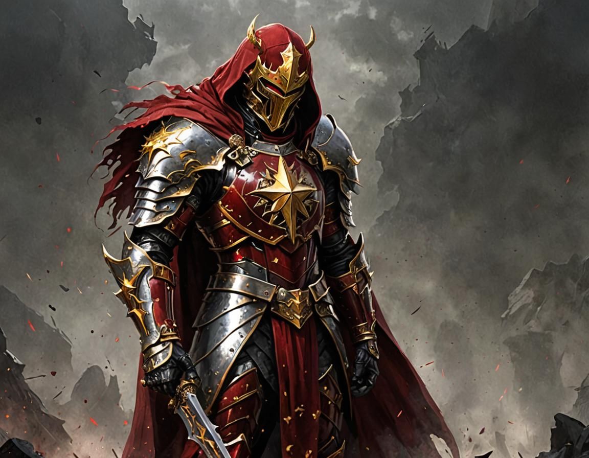 Fearsome Warrior in Crimson Armor with Golden Star