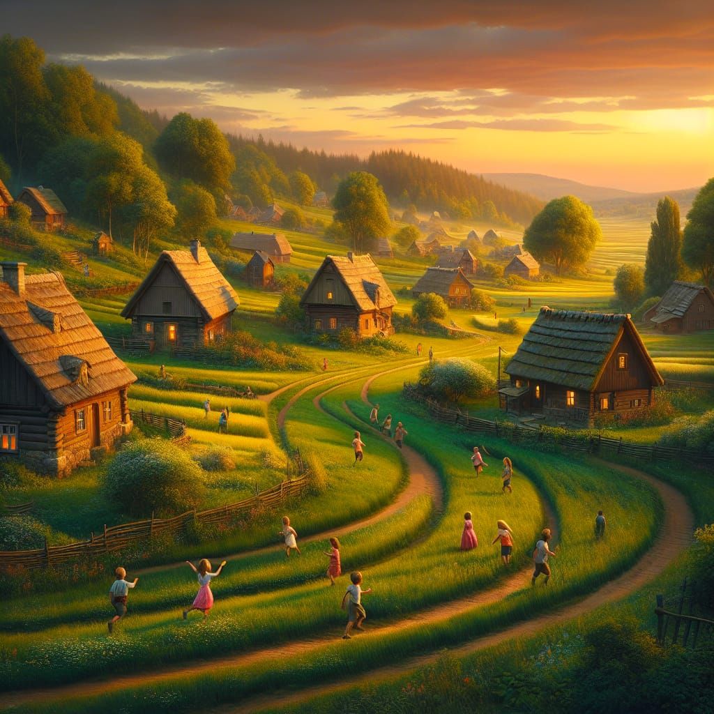 Sunset Village: Children Playing in Rural Fields
