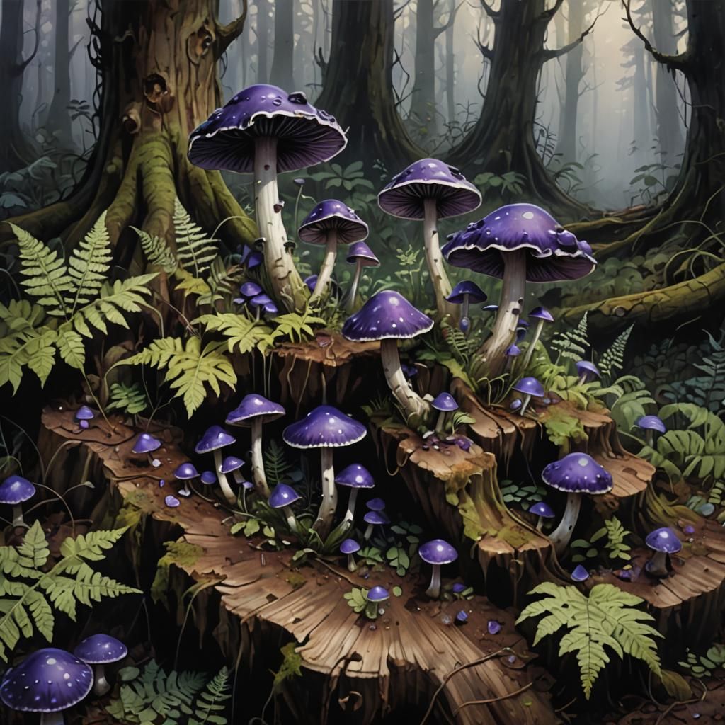 Dark Violet Mushrooms in Tim Burton Style