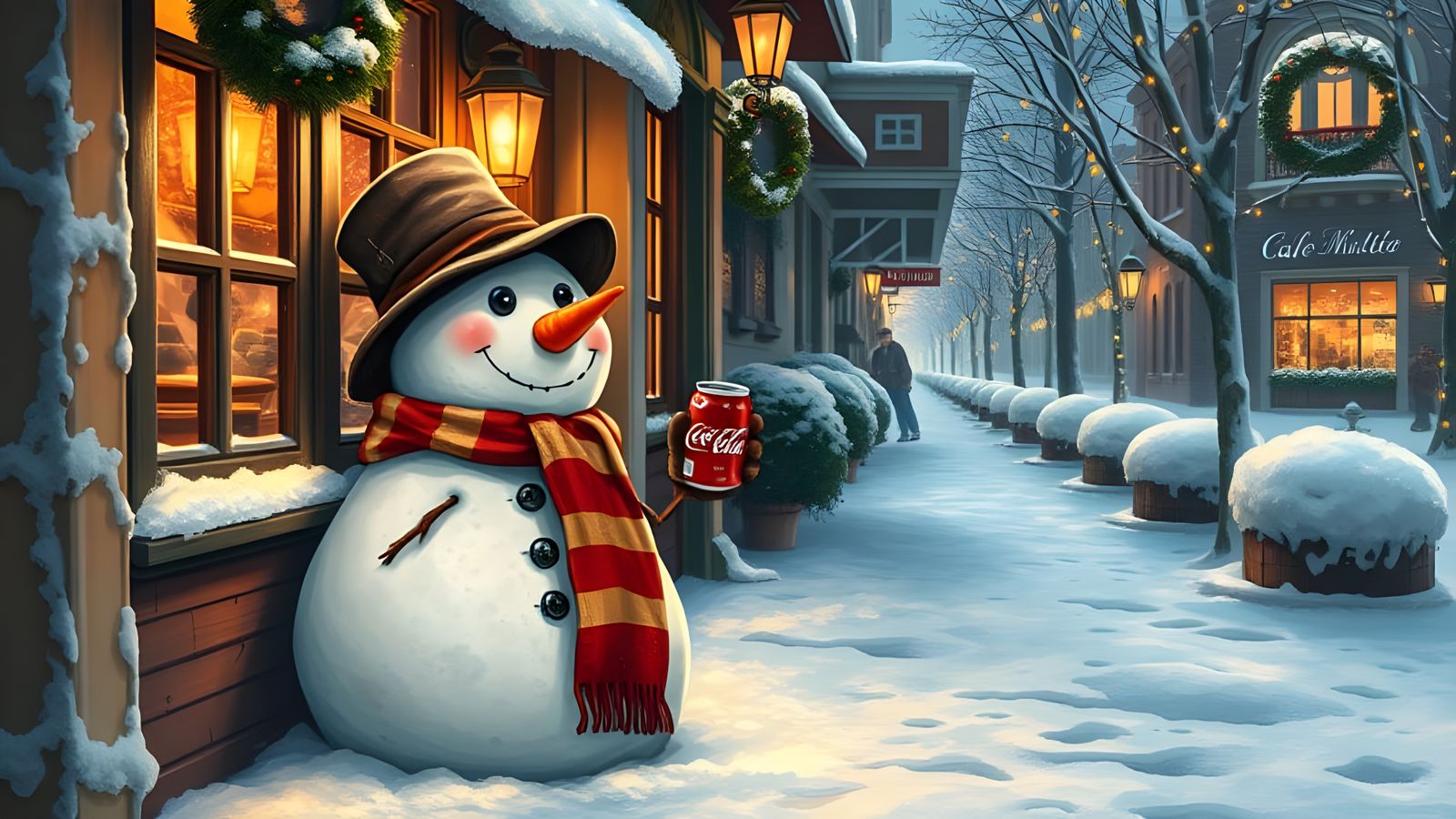 Surreal Winter Scene with Drunken Snowman and Whimsical Cafe