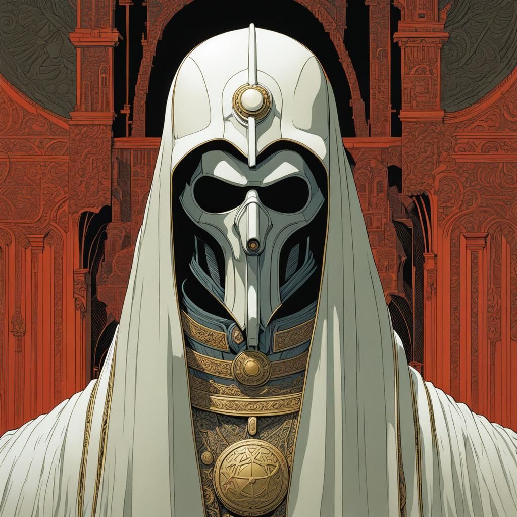Ominous Faceless Inquisitor in Moebius Style