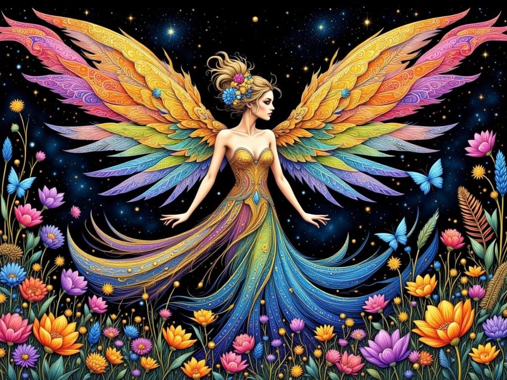 Magical Fairy Sorceress Blooming Flowers in Psychedelic King...