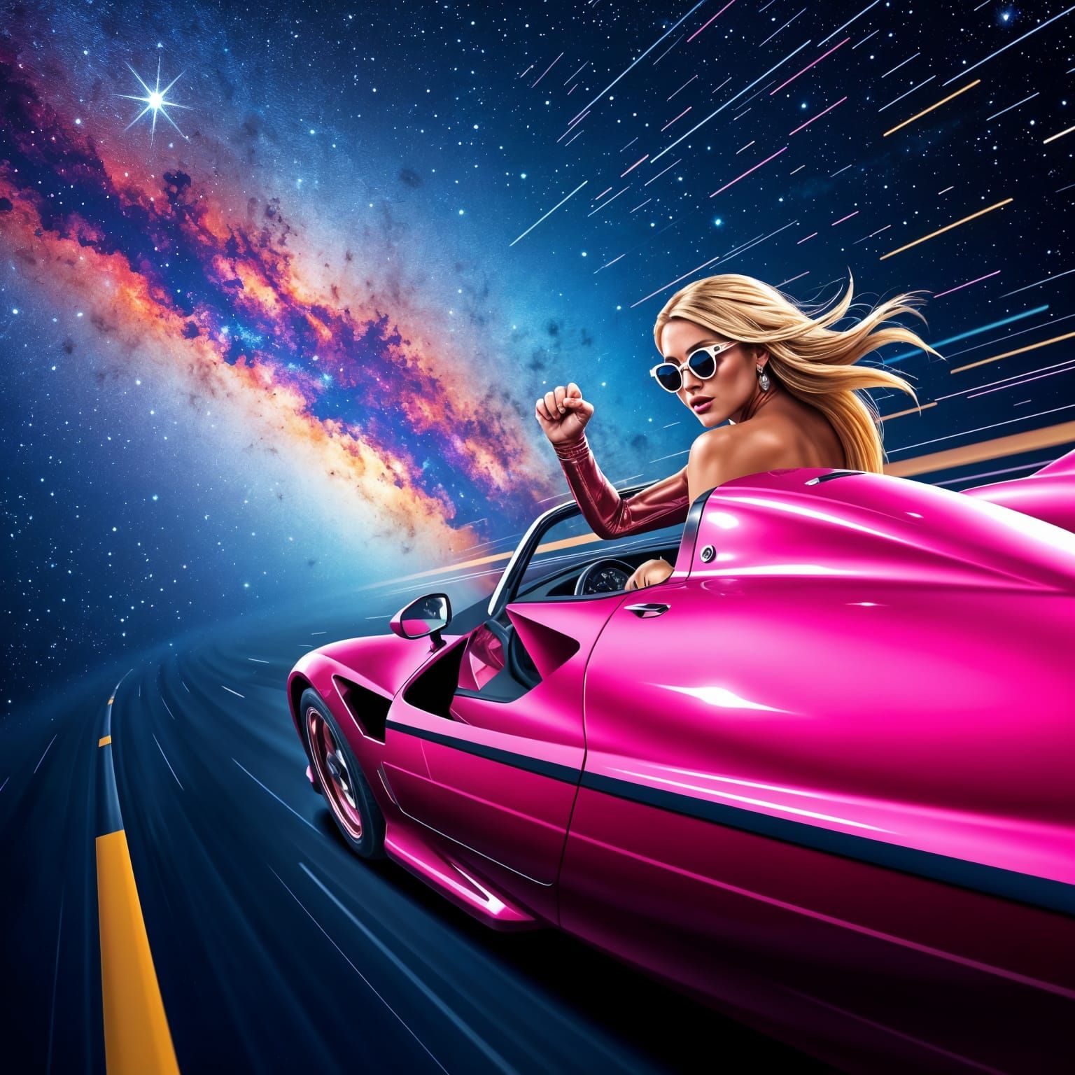 Vixen in Rose Chrome Racecar Speeds Through Cosmic Milky Way