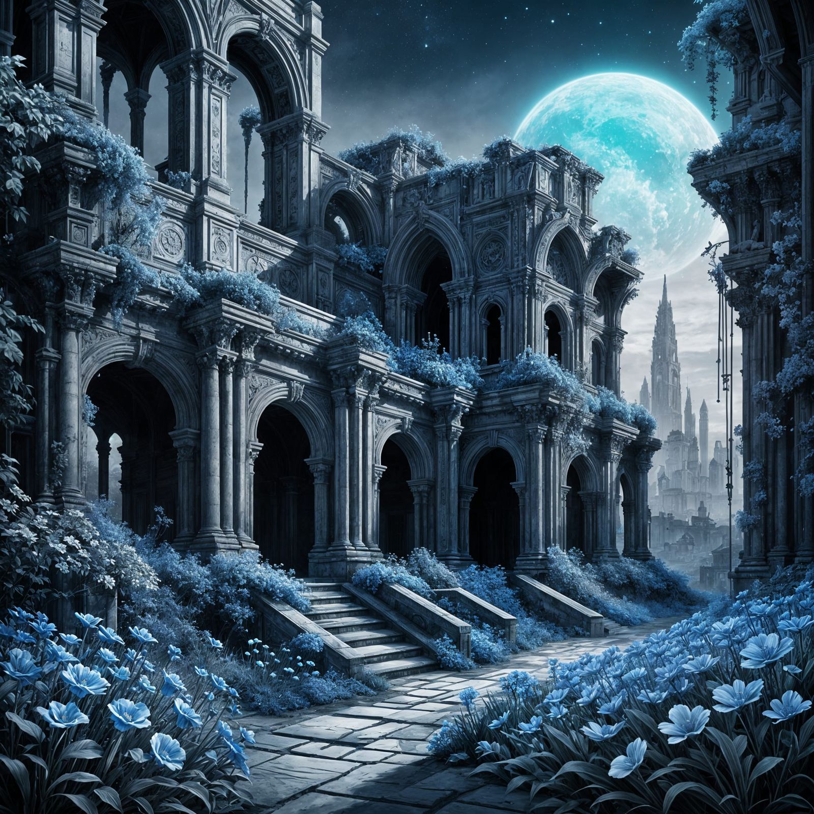Monochromatic Ruins with Neon Blue Flowers