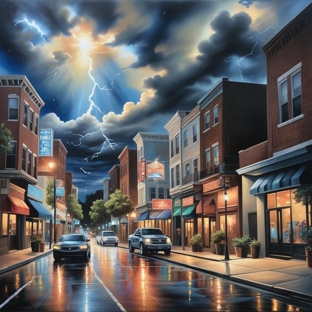 Hyperrealistic Oil Painting of Lightning-Lit Street View