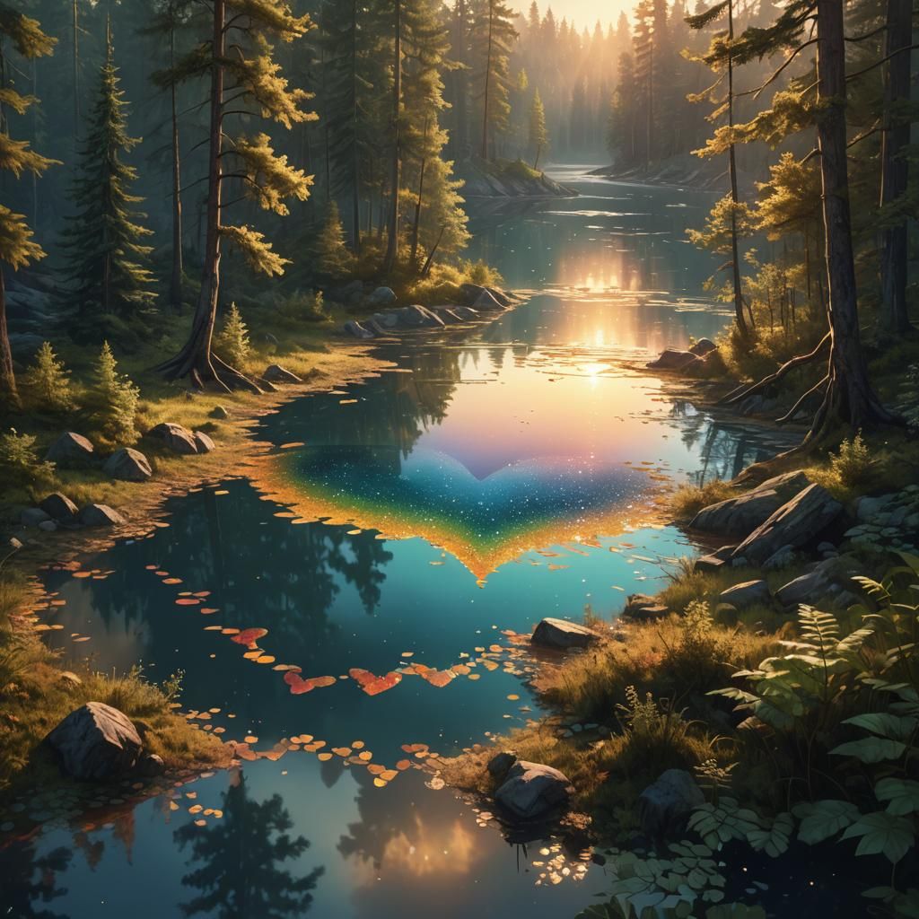 Heart-Shaped Lake at Sunset in Splash Art Style