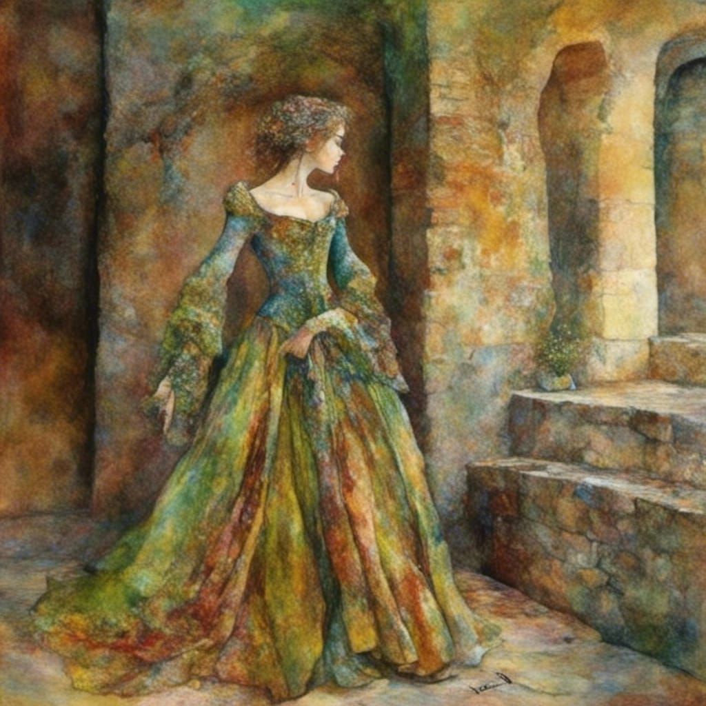 Woman in Medieval Gown with Unique Color Effects