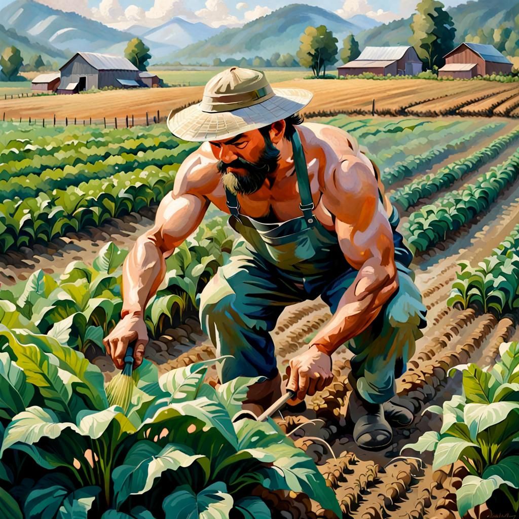 Burly Farmer in Tachisme Dynamic Brushwork