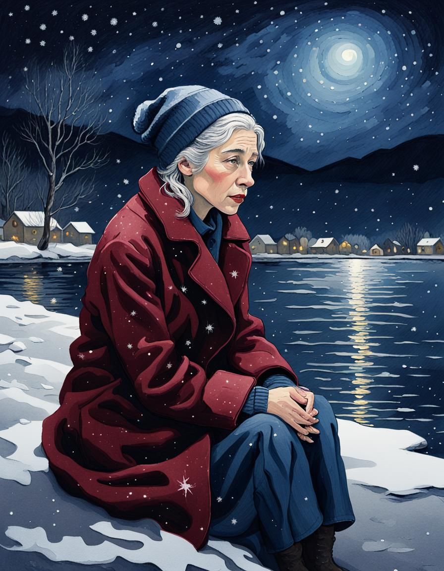 Sad Woman by Snowy River, Watercolor Van Gogh Style