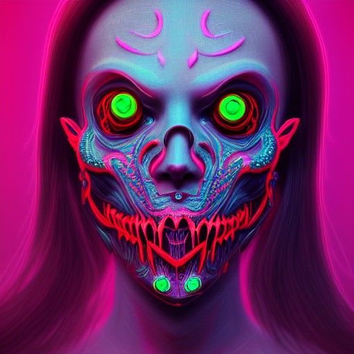 Ominous Cultist with Face Tattoos in Neon Horror Style