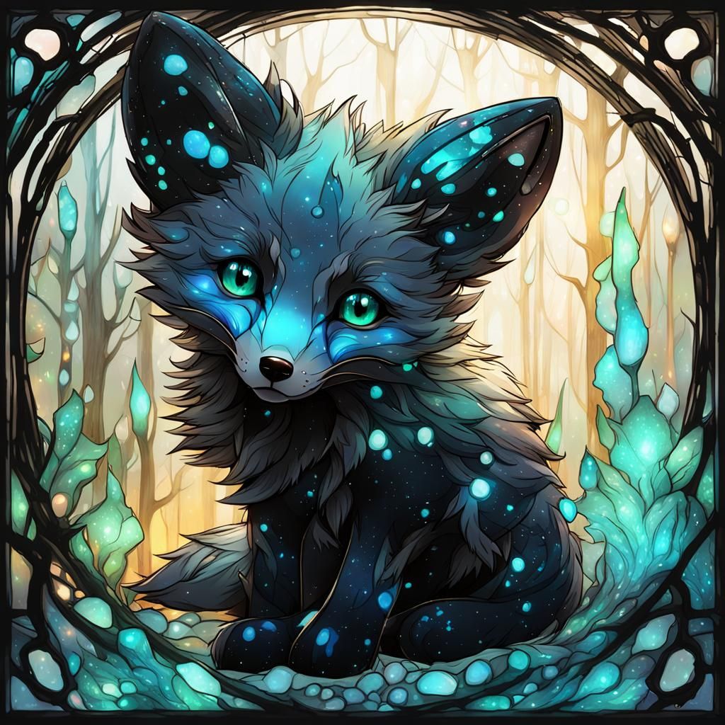 Bioluminescent Fox Cub in Stained Glass Forest